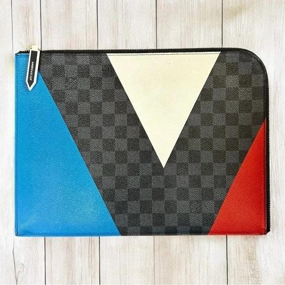 Authentic Louis Vuitton Damier Cobalt Red Blue & White Leather Cup Large Clutch - Picture 1 of 12